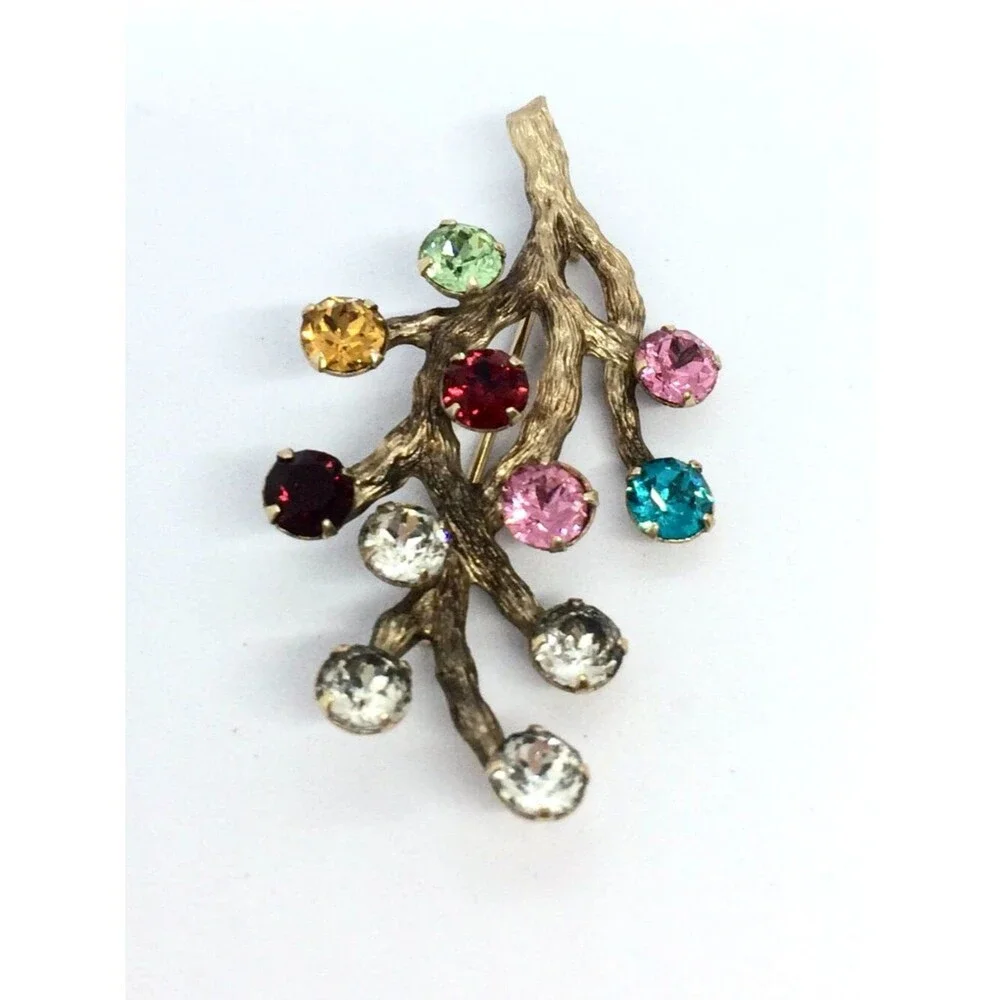 Vintage VAN DELL Brooch 12k Gold Filled Branch Multicolor Rhinestone UV Glow